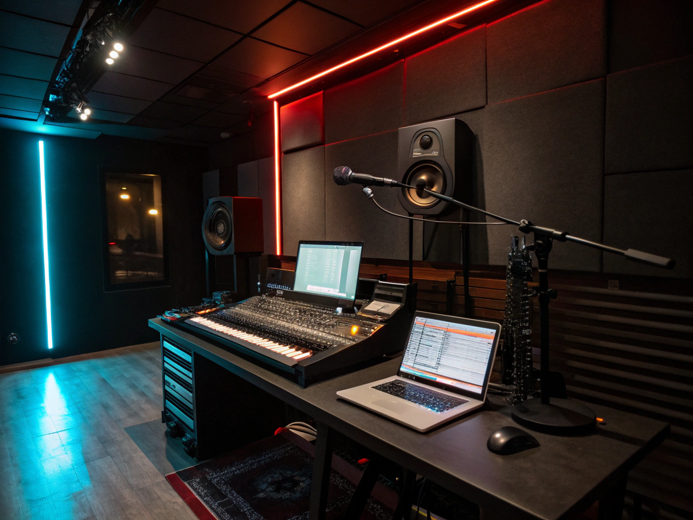 Atmospheric studio lighting and musical equipment